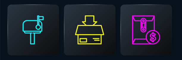 邮筒、印有美元符号的信封及硬纸板箱。黑色方形按钮。向量图片下载