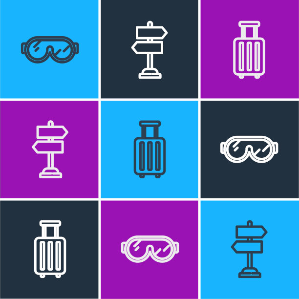 设置线滑雪镜，手提箱和道路交通标志图标。向量图片下载