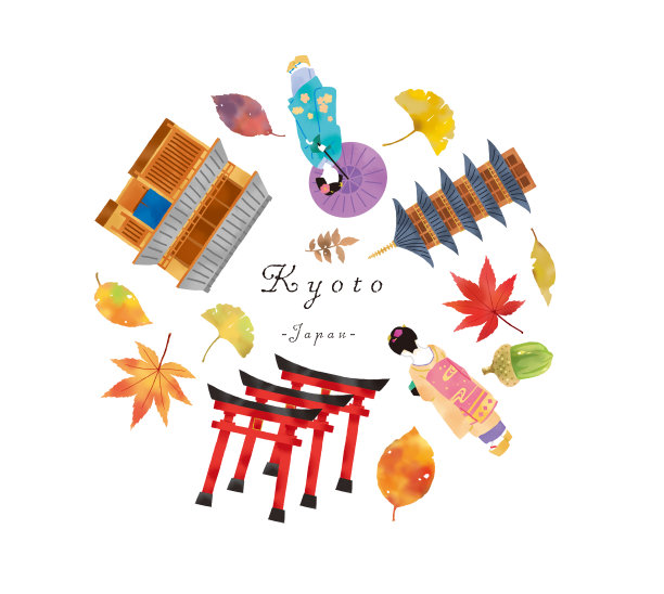 京都的舞妓、联排别墅和寺庙的插画图片下载