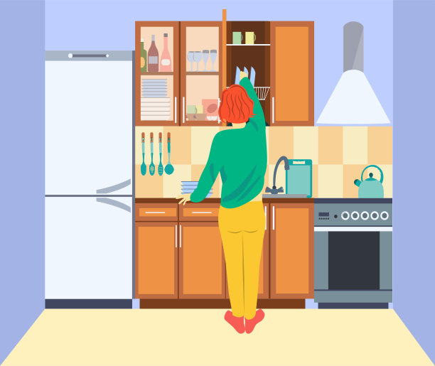 厨房里的女孩。女孩洗了盘子，把它们放在架子上的壁橱里。图片下载