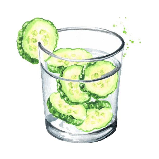 一杯纯净的饮用水和新鲜的黄瓜片，手绘水彩插图，孤立的白色背景图片下载