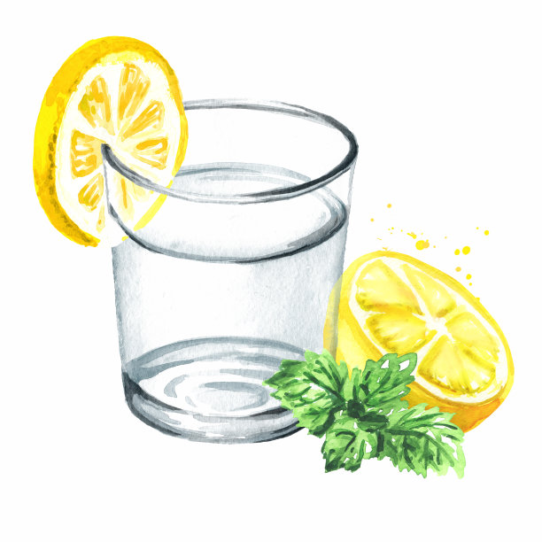一杯加了新鲜柠檬和薄荷的纯净饮用水。手绘水彩插图孤立的白色背景图片下载
