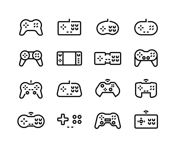 手柄图标。电子游戏操纵杆。复古象形图标的街机标志。黑线控制器的游戏站和电脑在白色背景。矢量控制台和PC游戏按钮设置图片下载