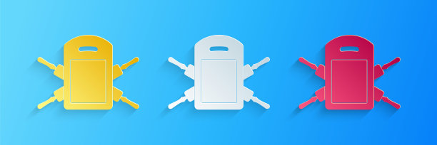 剪纸切割板和滚动大头针图标孤立在蓝色背景。厨房用具和设备。纸艺术风格。向量图片下载