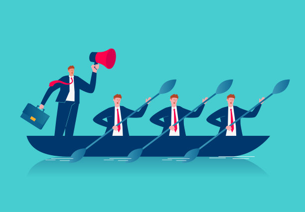 队员们一起划桨前进，队长拿着扩音器大喊，鼓励队员们奋力划桨图片下载