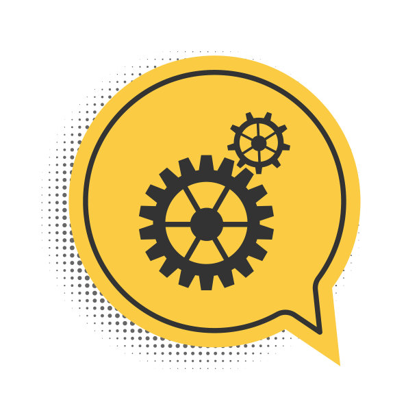 黑色齿轮图标孤立在白色背景。齿轮齿轮设置标志。齿轮的象征。黄色语音气泡符号。向量图片下载