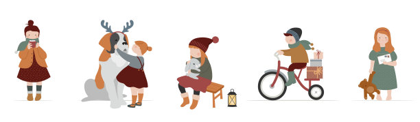 复古风格可爱的斯堪的纳维亚冬季孩子。儿童和婴儿穿着时尚的波西米亚服装。复古风格矢量插图。时尚的概念图片下载