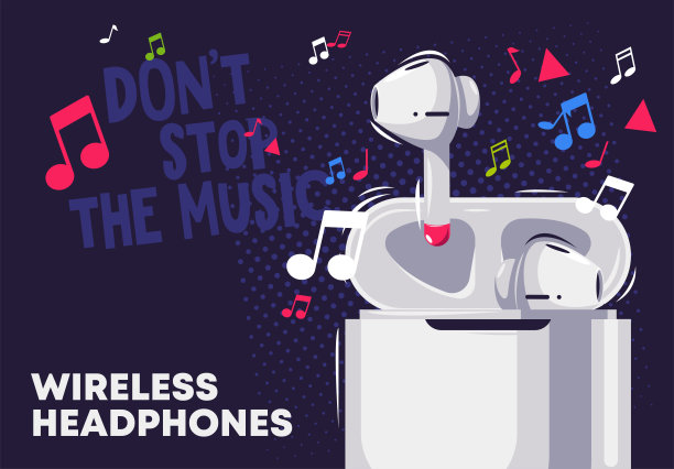 矢量插图的广告横幅与无线耳机，特写，音乐音符，不停止音乐图片下载