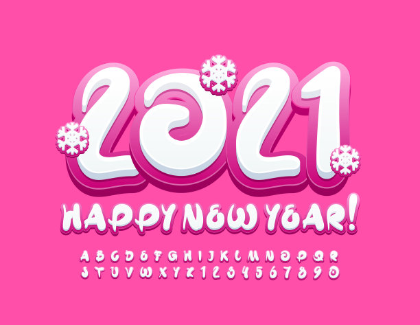 矢量艺术卡片与雪花新年快乐2021。粉色和白色字母和数字集图片下载