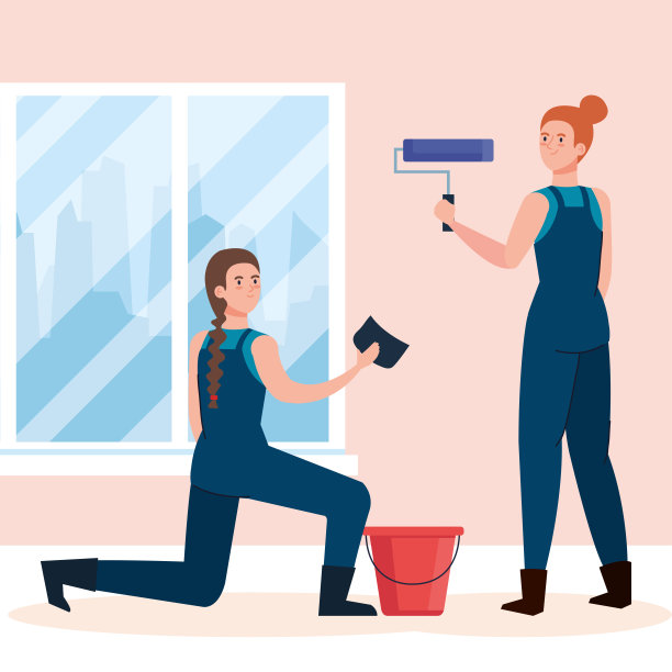 女性卡通绘画用海绵卷和水桶矢量设计图片下载