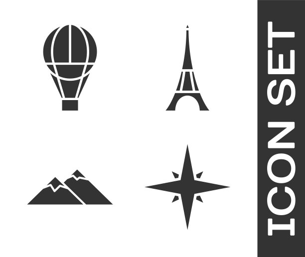 Set Wind rose, Hot air balloon, Mountains and Eiffel tower的图标。向量图片下载
