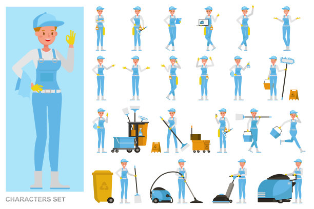 集专业看门女工作人物矢量设计。表现在各种带有情绪的动作，跑步，站立和行走。图片下载