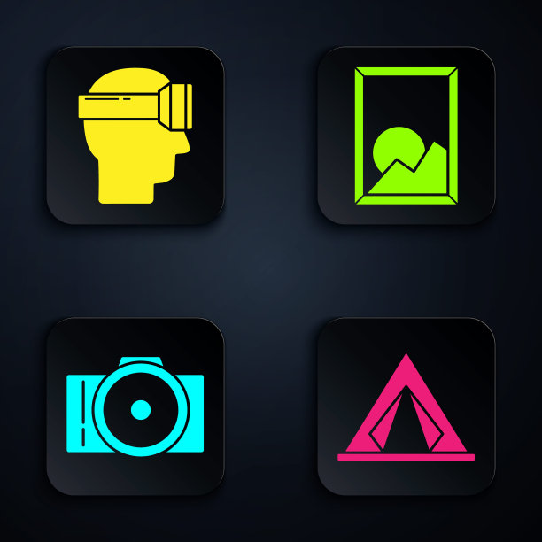 设置旅游帐篷，虚拟现实眼镜，摄影相机和图片景观。黑色方形按钮。向量图片下载