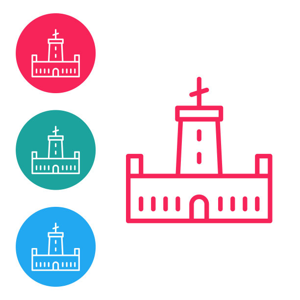 红线蒙尤伊克城堡图标孤立在白色背景上。西班牙巴塞罗那。在圆形按钮中设置图标。向量图片下载