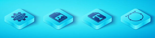 设置地球和齿轮的等距球，图片景观，圆与贝塞尔曲线和文本文件文件图标。向量图片下载