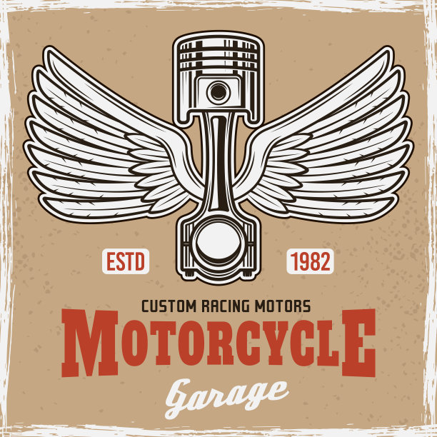 活塞与翅膀和标题文本复古彩色海报，孤立的背景与垃圾纹理和帧向量插图图片下载