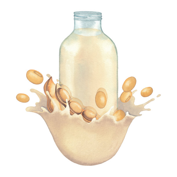 水彩画瓶植物奶装饰飞溅和大豆图片下载