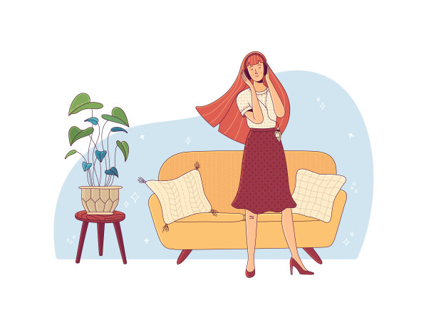 年轻女子带着耳机在家里听音乐平面矢量插图图片下载