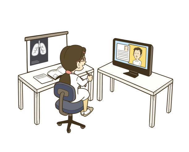 一名女医生使用电脑进行远程治疗的插图。图片下载