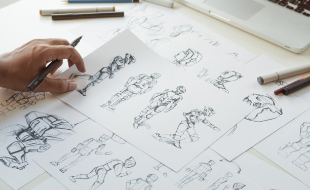 动画设计师开发设计绘图草图开发创造图形姿态人物科幻机器人卡通插图动画视频游戏电影制作，动画设计工作室。图片下载
