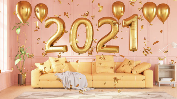 新年概念与金色2021气球和五彩纸屑图片下载