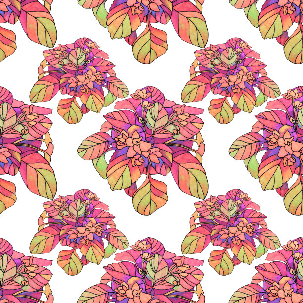 无缝图案紫罗兰抽象花在盆中白色。室内种植室内植物。艺术创意手绘背景花店，海报，墙纸，包装，明信片，笔记本，婚礼图片下载