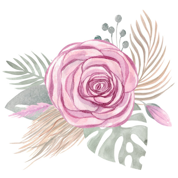 水彩插画的波西米亚束热带叶子，花玫瑰插花婚礼设计图片下载