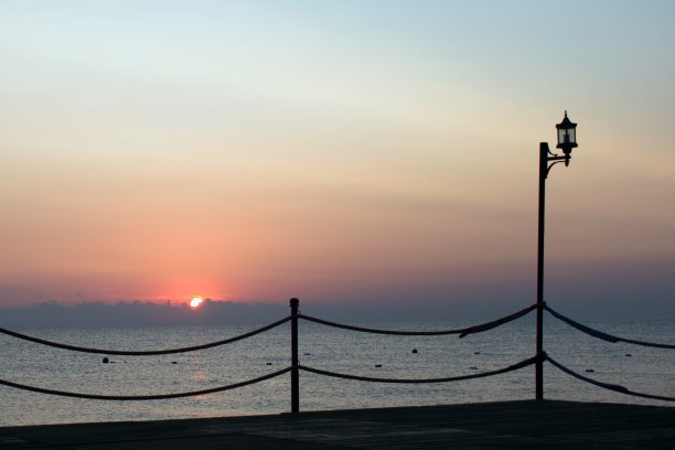 早上的黎明。模糊的前景上，冉冉升起的红日图片下载