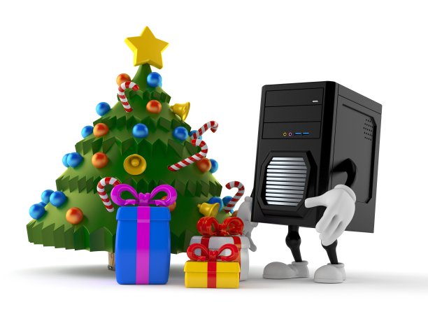 电脑人物与圣诞树和礼物图片下载