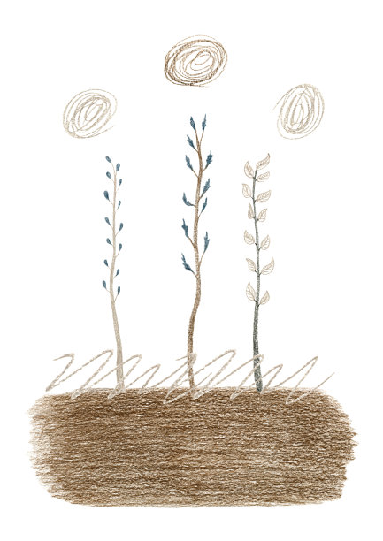 彩色铅笔抽象插图与棕色的地面和三棵小树在它上，棕色的线和螺旋上方在白色的背景。棕色图片，纵向。图片下载