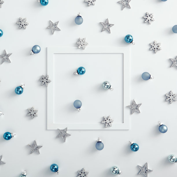 纸框架与蓝色的小玩意，银色的雪花和星星在白色图片下载