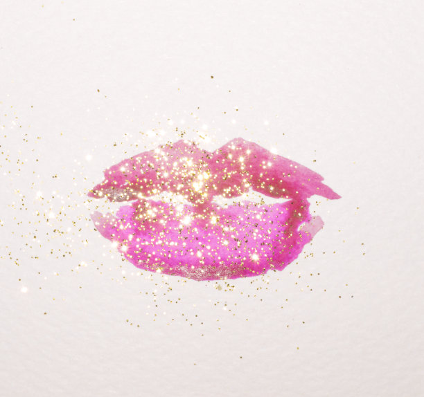 粉色水彩女人的嘴唇与金色闪着怀旧的复古色彩图片下载