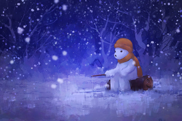 数码艺术画北极熊在冬天捕鱼，故事插图图片下载