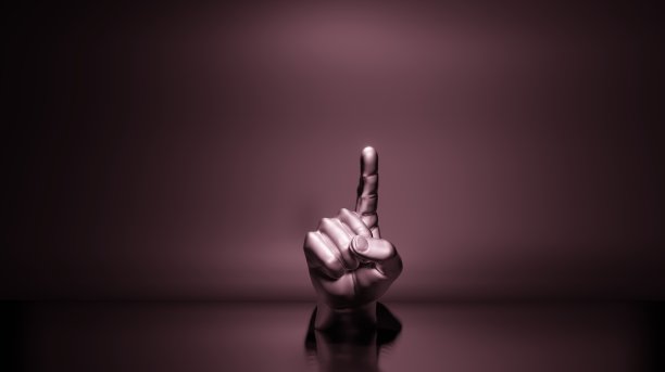 在深灰色的背景中一个金属举起的手指的3d渲染插图。用于横幅、邀请、卡片和广告使用图片下载