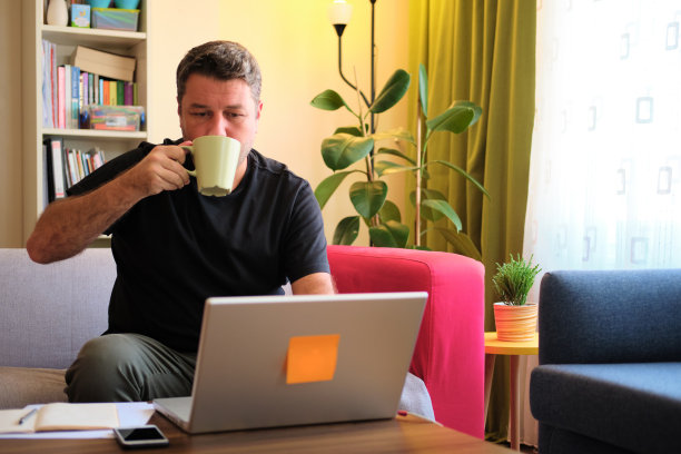 成功的商人在家用笔记本电脑进行视频通话。图片下载