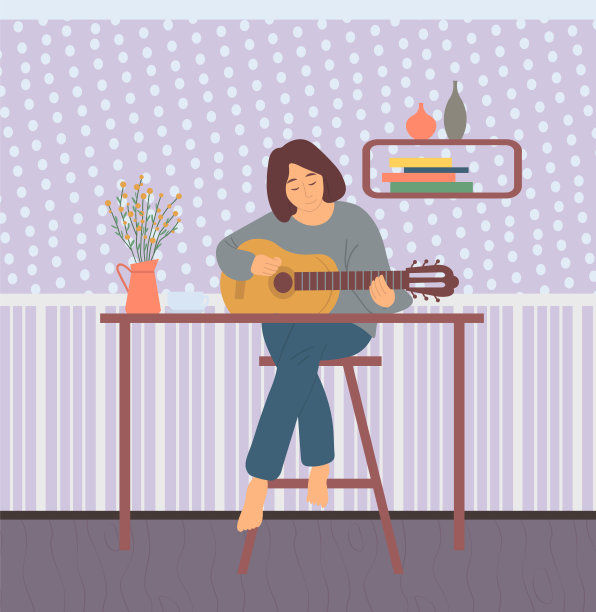吉他手在家，女人与吉他，爱好向量图片下载