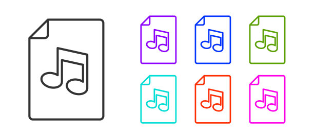 黑色线音乐书与备注图标孤立在白色背景。五线谱乐谱。笔记笔记。设置图标丰富多彩。向量图片下载