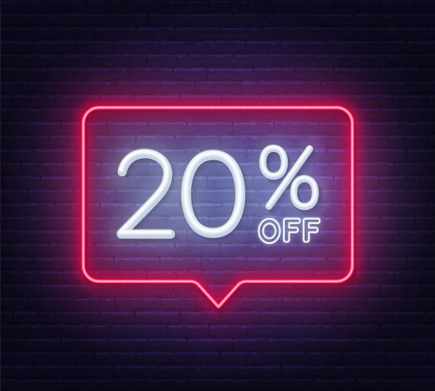 砖墙背景上的霓虹灯招牌打八折图片下载