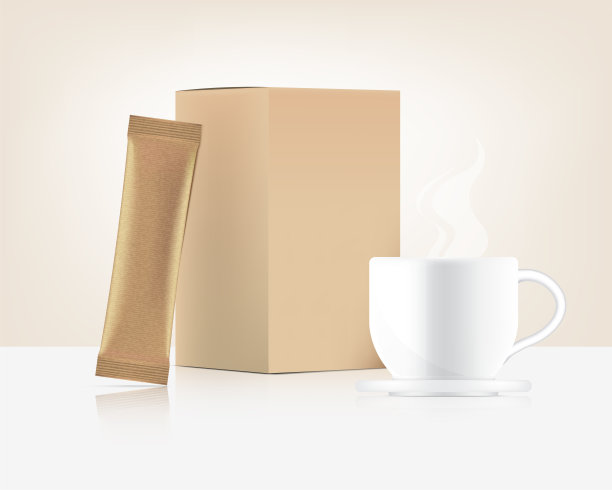 3D光滑贴香囊模型和杯子与纸盒隔离在白色背景。矢量插图。食品饮料包装概念设计。图片下载