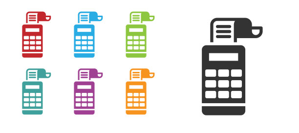 黑色收银机与一个检查图标孤立在白色背景。收银员的迹象。钱箱的象征。设置图标丰富多彩。向量图片下载