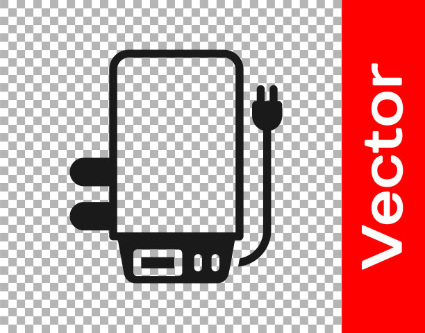 黑色电热锅炉加热水图标隔离在透明背景上。向量图片下载