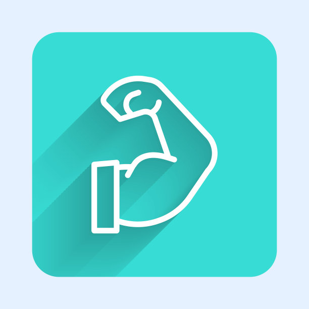 白线健美者显示他的肌肉图标孤立与长阴影。适合健身力量健康爱好概念。绿色方形按钮。向量图片下载