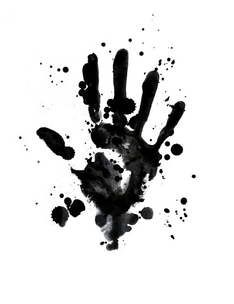 在白色背景上溅有黑色墨水的手印。纸上逼真的打印。一个男人的手掌痕迹海报标签设计图片下载