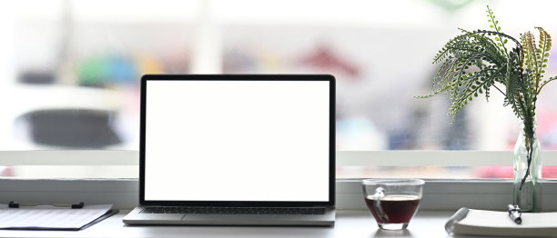 笔记本电脑与白色场景咖啡杯，文件和植物在最小的工作空间。图片下载