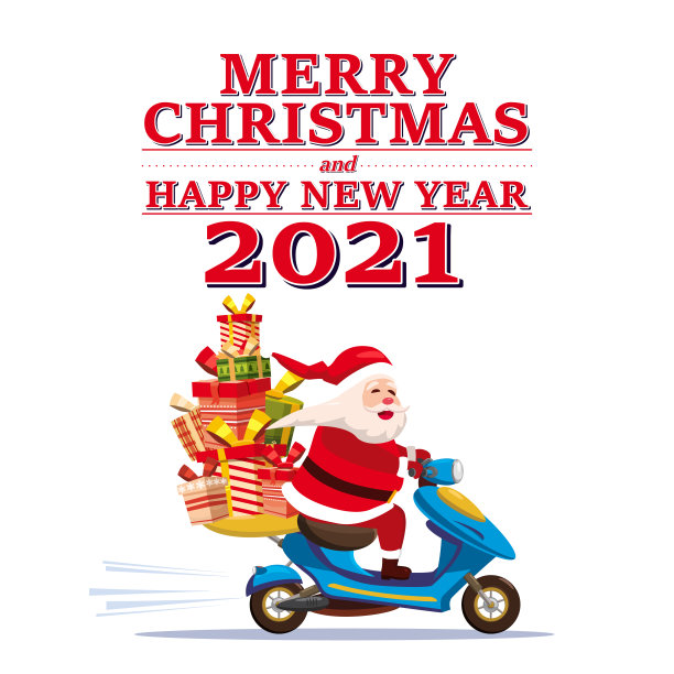 圣诞老人的面包车上写着“圣诞快乐”和“2021年新年快乐”，骑着摩托车送快递礼物。矢量插图孤立卡通风格图片下载