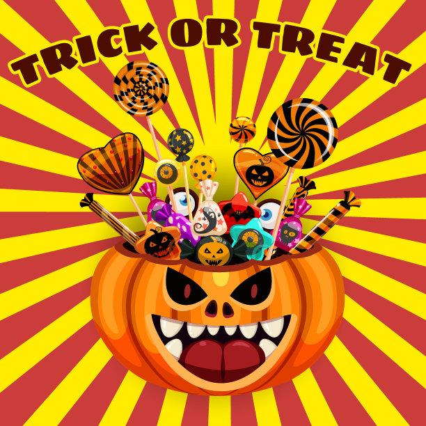 万圣节Trick or Treat南瓜袋装满糖果和糖果。秋季十月节日传统庆祝横幅海报模板。矢量插图孤立图片下载