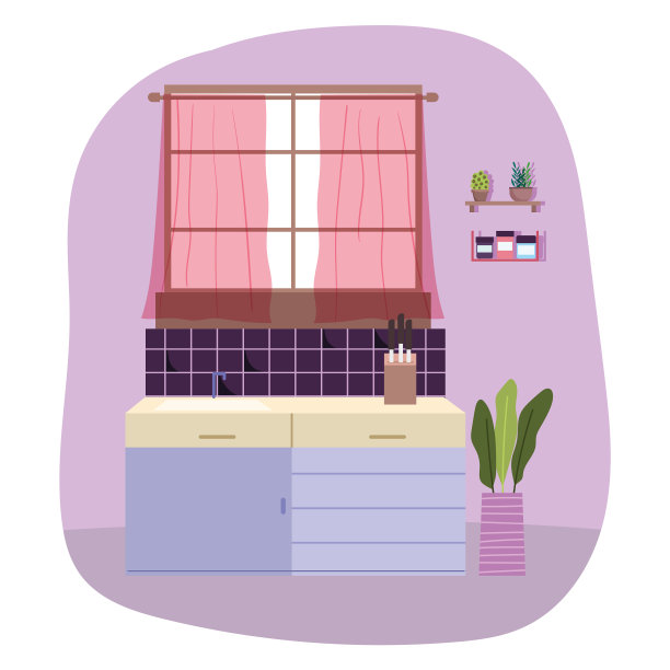 厨房内部窗户，刀柜和植物图片下载