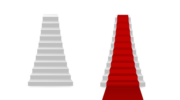 白色职业阶梯与红地毯，通往成功的阶梯概念前视图，3D。楼梯。股票矢量插图上的白色隔离背景背景。图片下载
