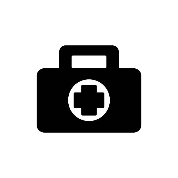 急救箱黑色图标在平面风格。白色隔离背景上的健康、帮助和医疗诊断载体插图。医生包的经营理念。图片下载