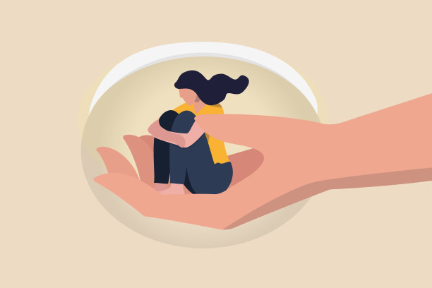 心理健康治疗，关心和了解抑郁症疾病或心理治疗保护心理疾病的理念，暖手招持抑郁症孤独女孩解决压力问题。图片下载